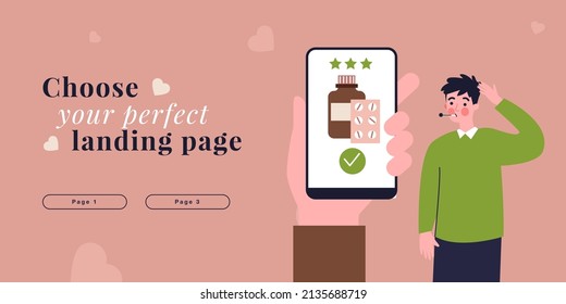 Sick man thinking about buying medicines online. Hand holding mobile phone with pharmacy app flat vector illustration. Order in drugstore, health concept for banner, website design or landing web page