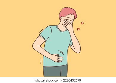 Sick man touching belly suffering from food poisoning. Unhealthy guy struggle with stomachache or nausea. Healthcare concept. Vector illustration. 