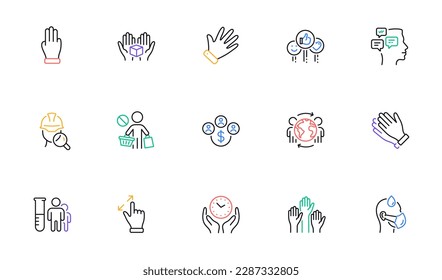 Sick man, Touchscreen gesture and Safe time line icons for website, printing. Collection of Hold box, Global business, Inspect icons. Stop shopping, Voting hands, Medical analyzes web elements. Vector