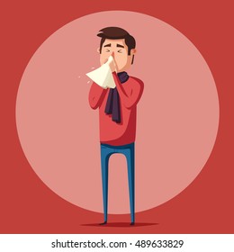 Sick Man. Unhappy Character. Vector Cartoon Illustration. Man With Handkerchief In Hand. Season Allergy