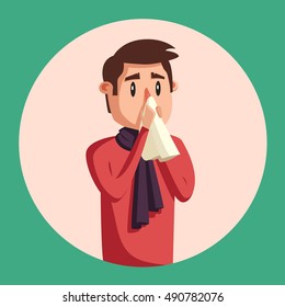 Sick man. Unhappy character. Vector cartoon illustration. Man with handkerchief in hand. Season allergy