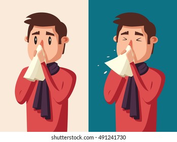 Sick Man. Unhappy Character. Vector Cartoon Illustration. Man With Handkerchief In Hand. Season Allergy