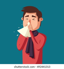 Sick man. Unhappy character. Vector cartoon illustration. Man with handkerchief in hand. Season allergy