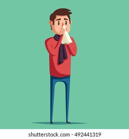 Sick man. Unhappy character. Vector cartoon illustration. Man with handkerchief in hand. Season allergy