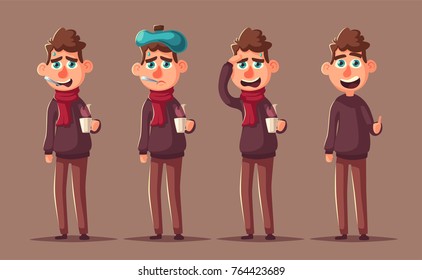 Sick Man. Unhappy Character. Vector Cartoon Illustration