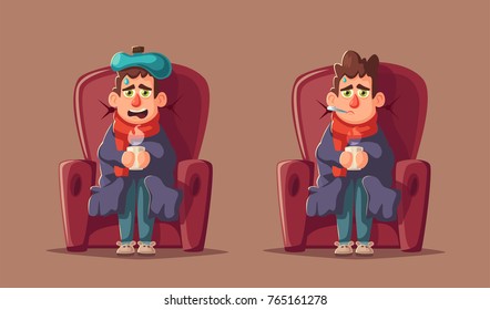 Sick man. Unhappy character. Vector cartoon illustration