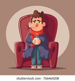 Sick man. Unhappy character. Vector cartoon illustration