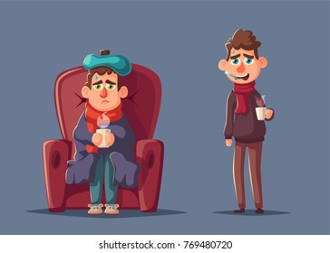 Sick Man. Unhappy Character. Vector Cartoon Illustration