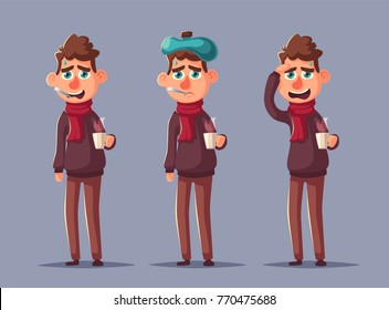 Sick man. Unhappy character. Vector cartoon illustration