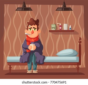 Sick man. Unhappy character. Vector cartoon illustration