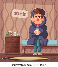 Sick Man. Unhappy Character. Vector Cartoon Illustration