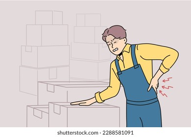 Sick man in uniform suffer from backache working in warehouse with boxes. Unhealthy male worker struggle with back pain. Vector illustration. 