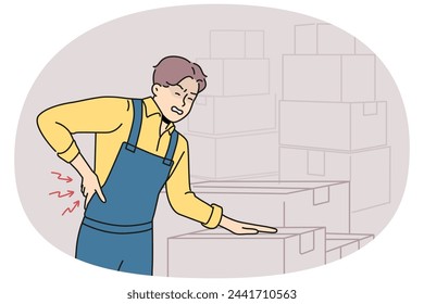 Hombre enfermo en uniforme sufre de dolor de espalda trabajando en el almacén con cajas. Trabajador no sano lucha con dolor de espalda. Ilustración vectorial.