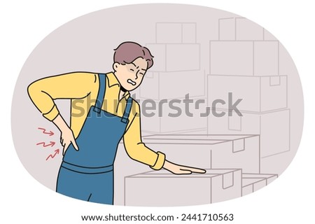 Sick man in uniform suffer from backache working in warehouse with boxes. Unhealthy male worker struggle with back pain. Vector illustration.