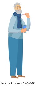 Sick man. Vector cold fever ill character with sickness infectious disease, flu person with measuring thermometer on white background