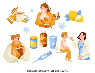 Sick Man and Woman Character with Treatment and Remedy Vector Illustration Set