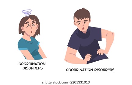 Sick Man and Woman Feeling Coordination Disorder as Symptom of Heart Stroke Vector Set