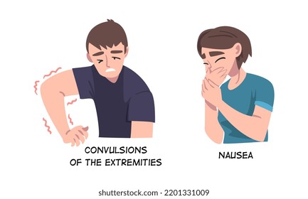 Sick Man and Woman Feeling Nausea and Convulsions of the Extremities as Symptom of Heart Stroke Vector Set