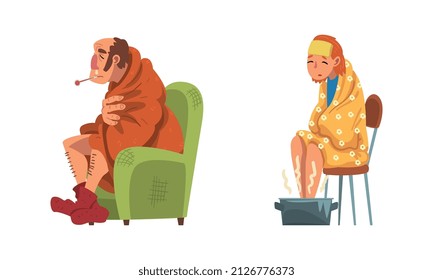 Sick Man and Woman Sitting on Chair Wrapped in Blanket in Knitted Socks and Warming Legs in Basin with Hot Water Vector Set