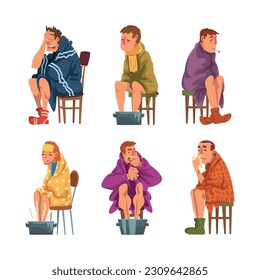 Sick Man and Woman Sitting on Chair Wrapped in Blanket Warming Legs in Basin Vector Set