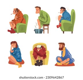 Sick Man and Woman Sitting on Chair Wrapped in Blanket Warming Legs in Basin Vector Set