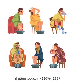 Sick Man and Woman Sitting on Chair Wrapped in Blanket Warming Legs in Basin Vector Set