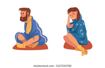 Sick Man and Woman Sitting Wrapped in Blanket Wearing Knitted Socks Vector Set