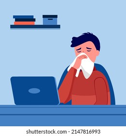 Sick man working in office concept vector illustration. Businessman catch a cold.