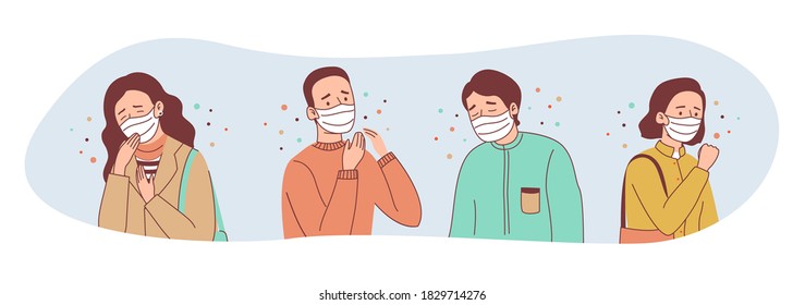 Sick Masked People Stand and Cough. Vector Illustration of Infected Men and Women.