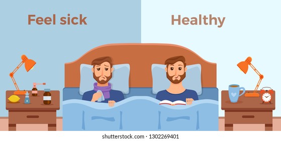 Sick men in bed the symptoms of cold, flu and feel good healthy male with book. Cartoon vector character on pillow with blanket and scarf. Illustration of unhealthy guy with a high fever, headache.