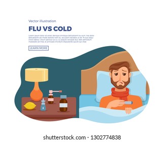 Sick men in bed with the symptoms of  cold, flu. Cartoon vector character on pillow with blanket and scarf, medicine, lemon, thermometer. Illustration of unhealthy guy with a high fever, headache.