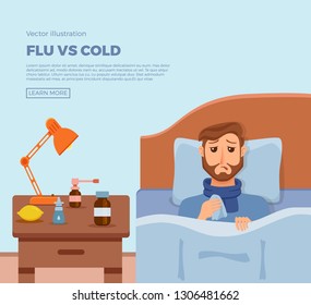 Sick men in bed with the symptoms of  cold, flu. Cartoon vector character on pillow with blanket and scarf, medicine, lemon, thermometer. Illustration of unhealthy guy with a high fever, headache.