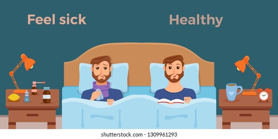 Sick men in bed the symptoms of cold, flu and feel good healthy male with book. Cartoon vector character on pillow with blanket and scarf. Illustration of unhealthy guy with a high fever, headache.