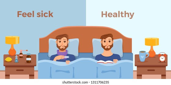 Sick men in bed the symptoms of cold, flu and feel good healthy male with book. Cartoon vector character on pillow with blanket and scarf. Illustration of unhealthy guy with a high fever, headache.