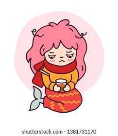 A sick mermaid with a thermometer and hot tea. Cute cartoon character for emoji, sticker, pin, patch, badge. Vector illustration.