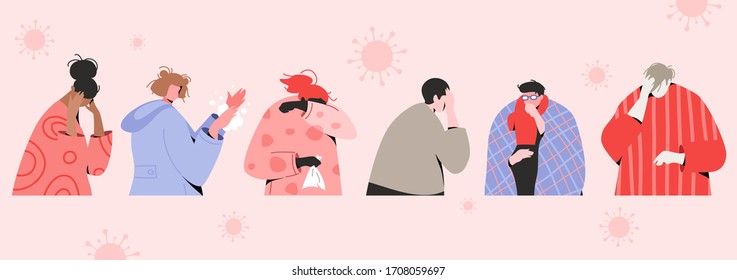 Sick modern faceless characters of people due to pandemic. Men and women in headache, flu, and coughing. Stop Coronavirus concept. 