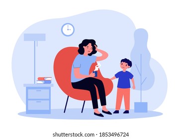 Sick mom suffering from headache. Worried kid, ill mother with hot drink flat vector illustration. Flu, migraine, disease concept for banner, website design or landing web page