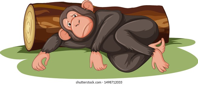 Sick monkey lying by the log illustration
