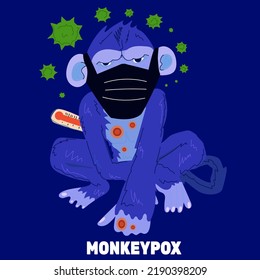 A sick monkey Monkeypox in dark blue. A dangerous virus transmitted from primates. Stock vector illustration with sad monkey in a mask with a thermometer.