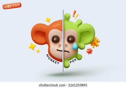 Sick monkey with pox virus. Monkeypox is a rare infectious disease of animals and humans. Virus from the poxvirus family. Realistic 3d creative concept. Vector illustration