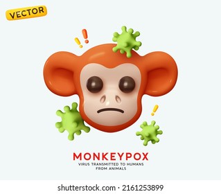 Sick monkey with pox virus. Monkeypox is a rare infectious disease of animals and humans. Virus from the poxvirus family. Realistic 3d creative concept. Vector illustration