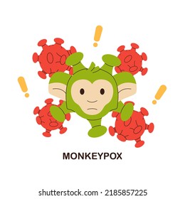 Sick monkey with pox virus. Monkeypox virus zoonotic, viral  infectious disease of animals, humans. Infect human, nonhuman primates. Ape face. Stop the virus from the poxvirus family for medical news