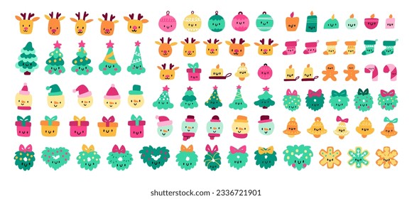 Sick New Year's Elements Set. Christmas cute kawaii characters - candle, reindeer, tree, present, sock, bell, snowman, Christmas ball, lollipop, cookie. Vector Clipart