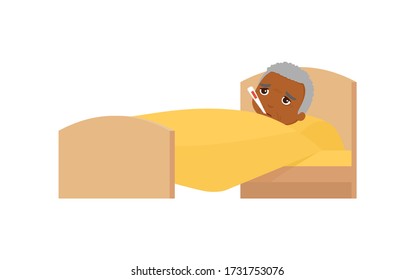 Sick old african man with thermometer in bed flat vector illustration. Grandfather with high temperature cartoon character. Fever, influenza symptom,  cold. Patient relaxing under blanket isolated on 