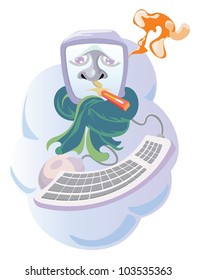 sick old computer with thermometer and scarft