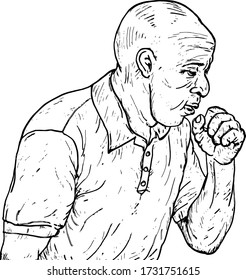 A sick old man coughing into his hand. Hand drawn vector illustration.