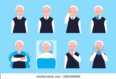 Sick Old Man Coughing, Sneezing. Set Senior Vector Of Cold, Flu, Sore Throat, Measles. Illustrations Of Fever, Allergy, Headache, Vomiting Are Isolated On Blue Background In Cartoon Style.