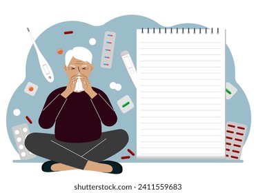 A sick old man with a runny nose holds a handkerchief. Nearby there are a lot of medicines, pills, thermometers and a large notebook for notes.