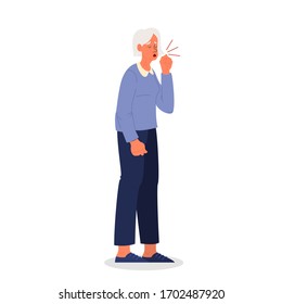 Sick old woman having dry cough. Retired person with asthma, allergy or cold. Sick grandma. Old woman with respiratory disease symptom. Isolated vector illustration in cartoon style