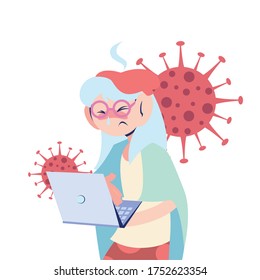 sick old woman looking at the computer vector illustration design